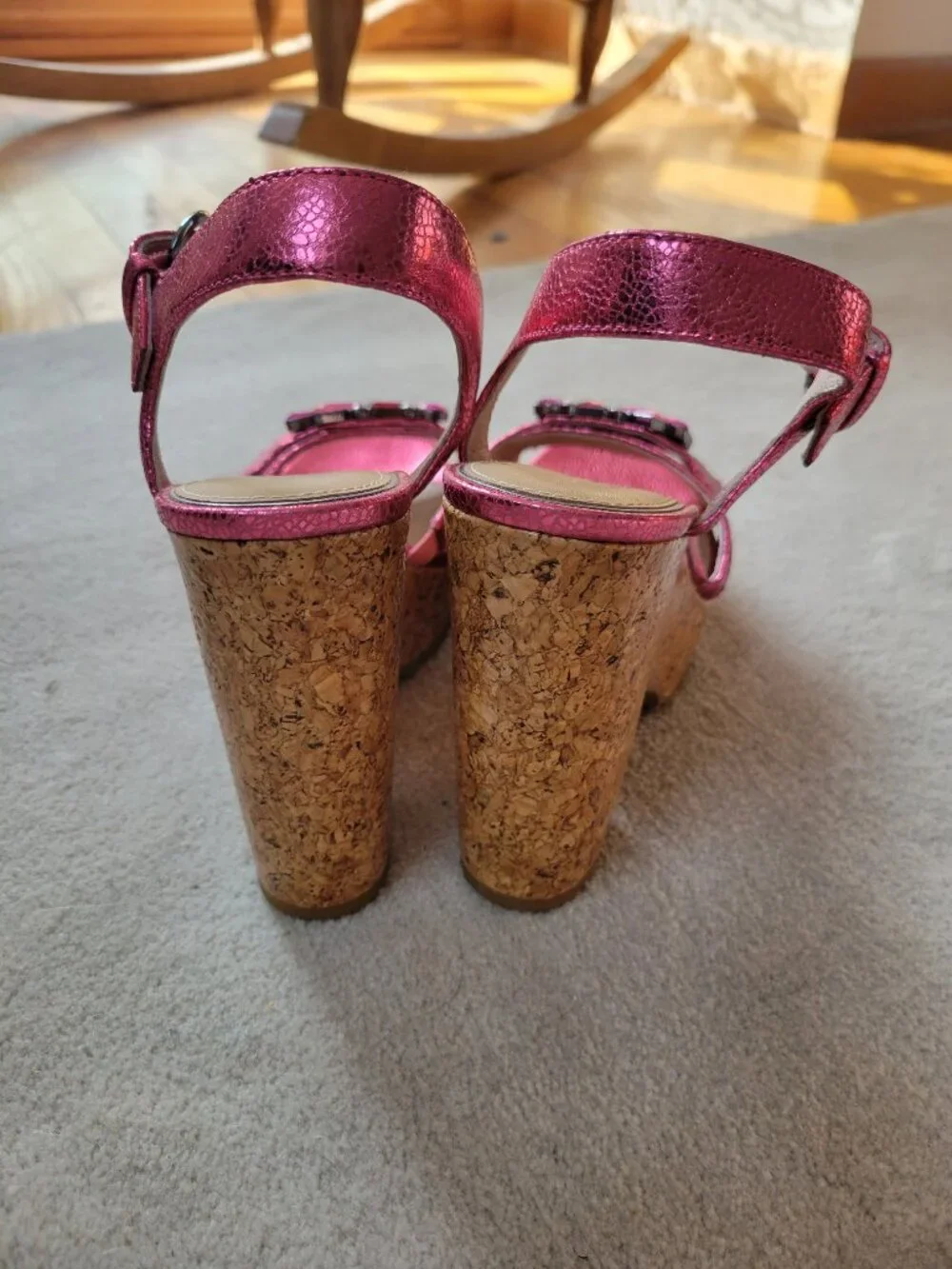 Donald Pliner Galatea Hot Pink Metallic Jeweled Glam Chic Cork Wedge Sandals 6.5